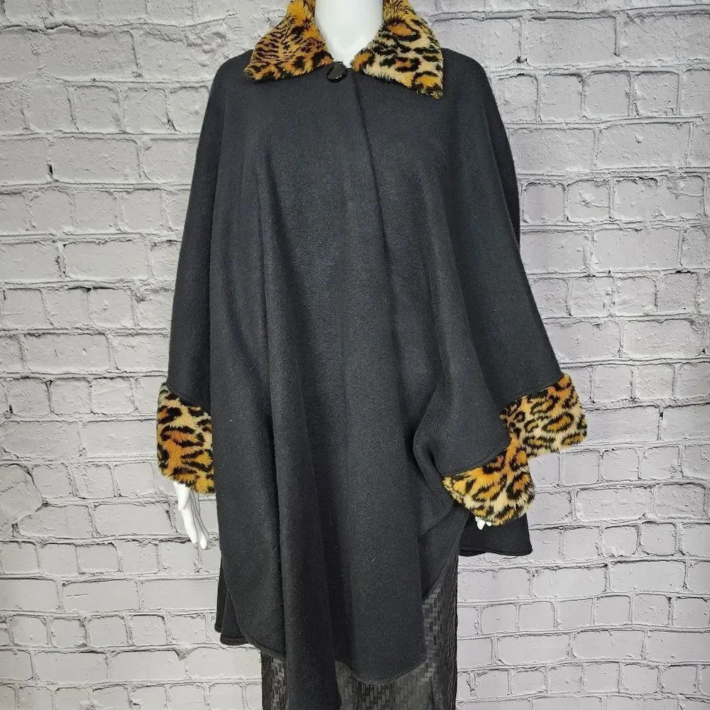 Vintage Honey Leopard Faux Fur Trim Black Cape - Picture 1 of 6